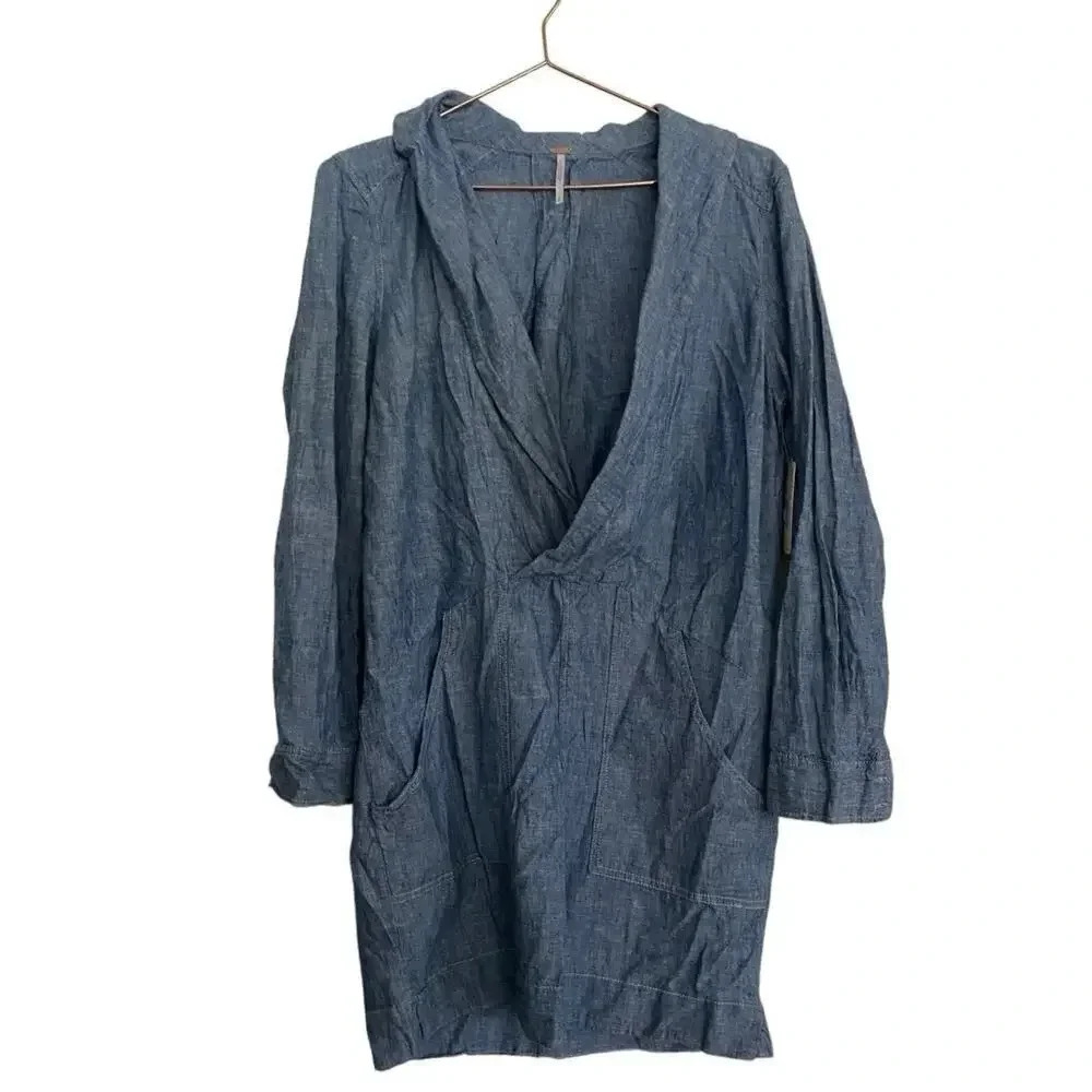 Free People Done Up In Denim Chambray Linen Coastal Cowgirl Shirt Dress SZ Small